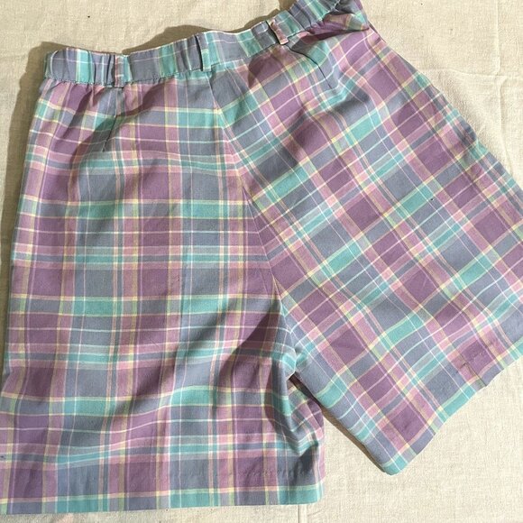 90s Vintage Jantzen Purple Blue Cream Pastel Plaid Shorts with Pockets Size 14 - Picture 3 of 4